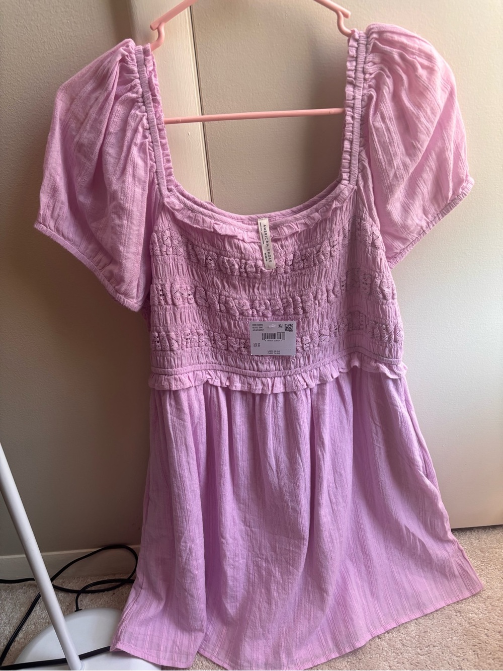 American Eagle Outfitters Pink Smocked Bodice Babydoll Dress
